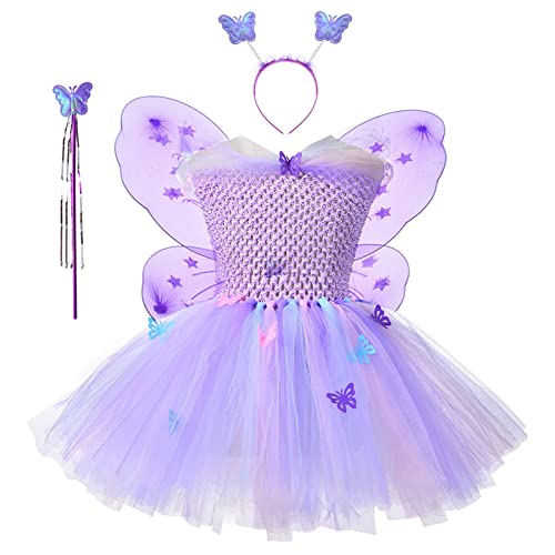 Mobanna Schmetterling Kostüm Kinder Mädchen Feenflügel Faschingskostüme - 4pcs Schmetterlingsflügel Mit Tutu Kleid, Zauberstab und Haarreif Für Fasching Karneval Halloween von Mobanna