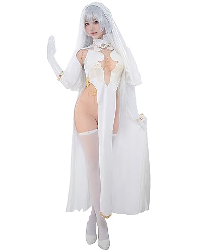 Mobbunny Frauen Nonne Cosplay Kostüm Halloween High Slit Kleid Set mit Schleier Halskette (weiß, klein) von Mobbunny