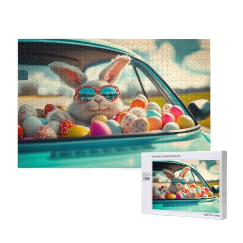 1000 Teile Klassische Puzzles, Der Osterhase Fährt EIN Auto Voller Ostereier, Helle Farben, Abstrakte Kunst, Geschenke Für Puzzle Liebhaber von MocArt