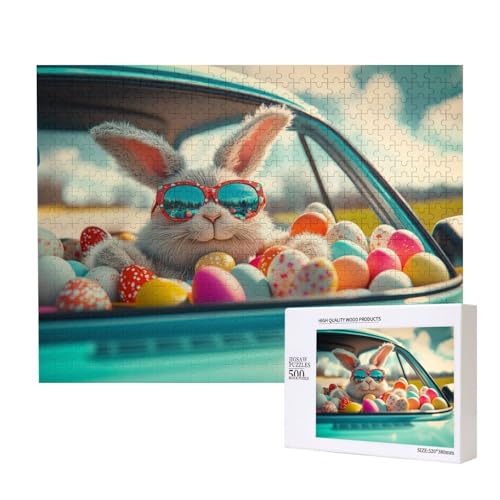 500 Teile Klassische Puzzles, Der Osterhase Fährt EIN Auto Voller Ostereier, Helle Farben, Abstrakte Kunst, Geschenke Für Puzzle Liebhaber von MocArt