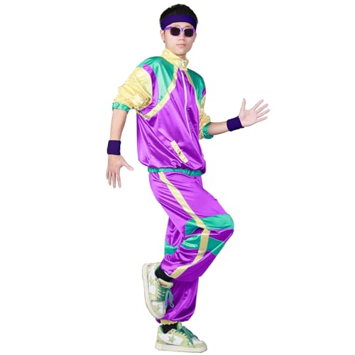 MocArt 80er 90er Jahre Outfit Herren und Damen, Retro Karneval Kostüm Trainingsanzug Herren, Fasching 80er Jahre Herren, Bad Taste Outfit Herren, Hip-Hop-Performance-Kleidung, lila Sportbekleidung von MocArt