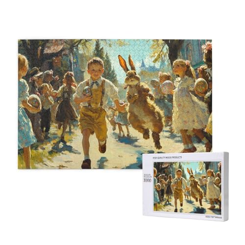 Puzzle 1000 Teile Erwachsene Kunstwerke, Fantasie-Kunst-Puzzle, Osterparade, Junge Und Mädchen, Hase, Ostereier, Puzzles, Lernspiel Herausforderung Spielzeug von MocArt