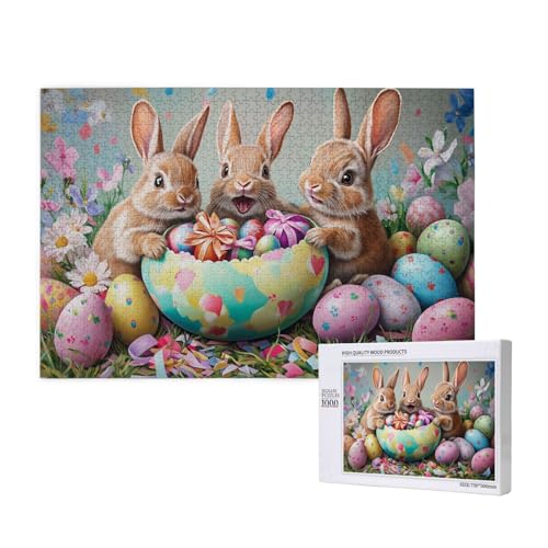 Puzzle 1000 Teile Frohe Ostern Szene, Osterei Hasen Familie Holzpuzzle, Lernspielzeug, Wohndekoration von MocArt