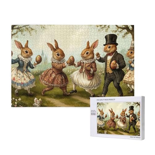 Puzzle 1000 Teile Tiere, Kaninchen Puzzle Für Tierliebhaber, Hase Tanzt Und Hält Ostereier Design, Kreatives Holzpuzzle Mit Ostermotiv von MocArt