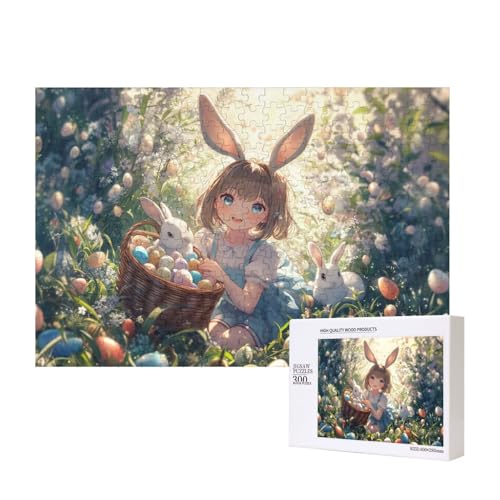 Puzzle 300 Teile, Fantasie-Kunst-Puzzle, Niedliches Mädchen Mit Hasenohren Und Osterei-Häschen, Geschenke Für Puzzles Liebhaber von MocArt