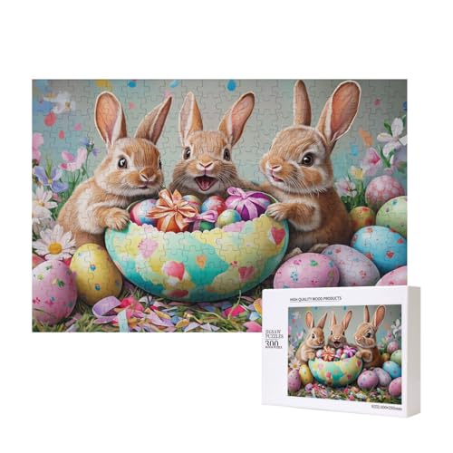 Puzzle 300 Teile Frohe Ostern Szene, Osterei Hasen Familie Holzpuzzle, Lernspielzeug, Wohndekoration von MocArt