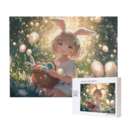 Puzzle 500 Teile, Fantasie-Kunst-Puzzle, Niedliches Mädchen Mit Hasenohren Und Osterei-Häschen, Geschenke Für Puzzles Liebhaber von MocArt