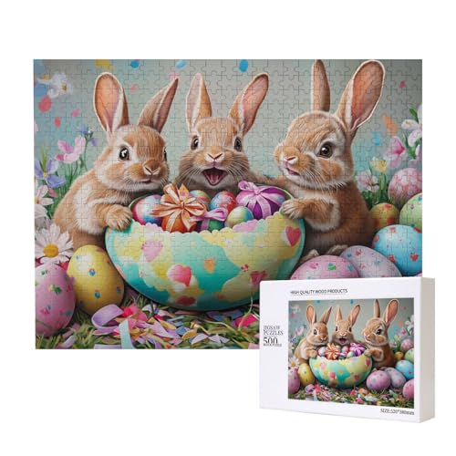 Puzzle 500 Teile Frohe Ostern Szene, Osterei Hasen Familie Holzpuzzle, Lernspielzeug, Wohndekoration von MocArt