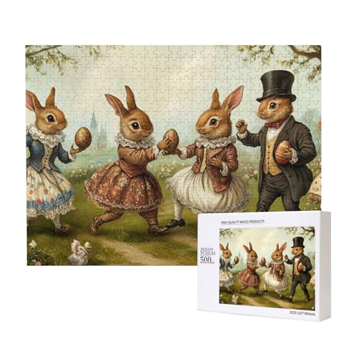 Puzzle 500 Teile Tiere, Kaninchen Puzzle Für Tierliebhaber, Hase Tanzt Und Hält Ostereier Design, Kreatives Holzpuzzle Mit Ostermotiv von MocArt