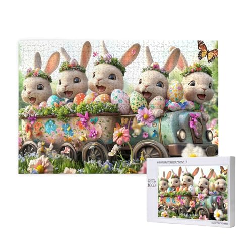 Puzzles 1000 Teile, Helle Und Farbenfrohe Puzzles, Niedliche Hasenfamilie Und Ostereier Puzzle, Holzpuzzle, Wunderschönes Kunstwerk von MocArt