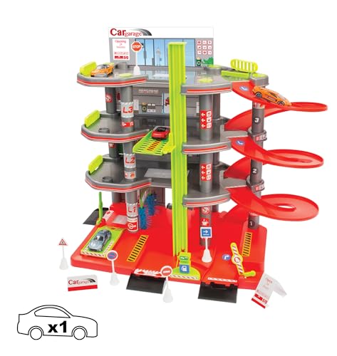 Mochtoys Parkgarage für Kinder - 4-Stöckige Parkhaus Set mit Aufzug, Verkehrsschildern und Auto, Entwickelt Manuelle Fähigkeiten, Für Kleinkinder ab 3 Jahren, Abmessungen: 55x35x44 cm von Mochtoys