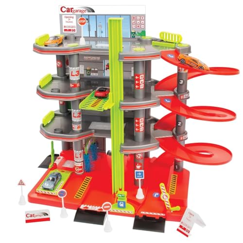 Mochtoys Parkgarage für Kinder - 4-Stöckige Parkhaus Set mit Aufzug, Verkehrsschildern und Auto, Entwickelt Manuelle Fähigkeiten, Für Kleinkinder ab 3 Jahren, Abmessungen: 55x35x44 cm von Mochtoys