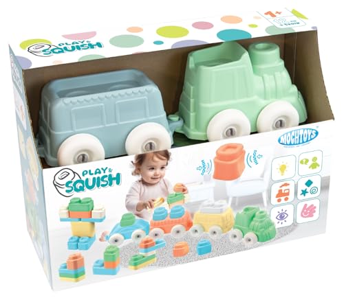 Mochtoys Bausteine Spielset - Zug, 3 Waggons und 12 Blöcken, Schöne Pastellfarben, Kompatibel mit Anderen Bausteinen aus der Play&Squish-Serie, Für Kleinkinder ab 1 Jahr von Mochtoys