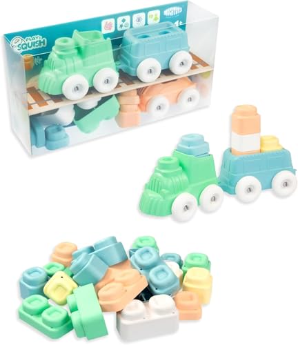 Mochtoys Bausteine Spielset - Zug, Waggon und 24 Blöcken, Schöne Pastellfarben, Kompatibel mit Anderen Bausteinen aus der Play&Squish-Serie, für Kleinkinder ab 1 Jahr von Mochtoys