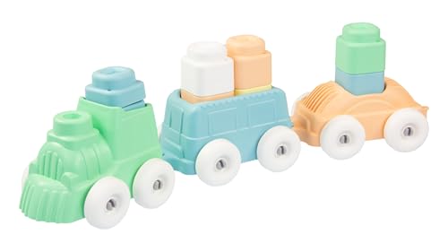 Mochtoys Bausteine Spielset - Zug, 2 Waggons und 12 Blöcken, Schöne Pastellfarben, Kompatibel mit Anderen Bausteinen aus der Play&Squish-Serie, Für Kleinkinder ab 1 Jahr von Mochtoys