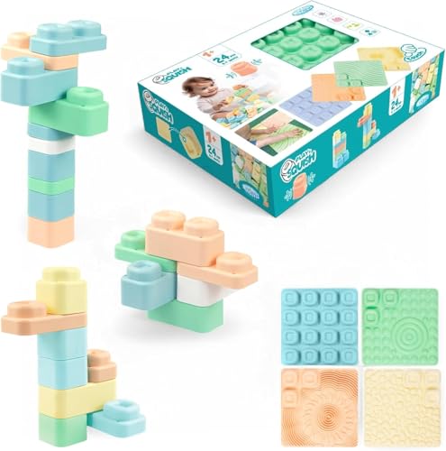 Mochtoys Play&Squish Sensorymatten Set – 4 Strukturierten Matten & 24 Weiche Bausteine Pastellfarben – Kindersicher & Zertifiziert – Fördert Kreativität – Kompatibel mit Play&Squish Serie von Mochtoys