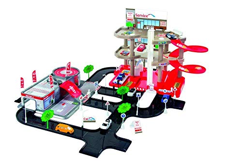 Mochtoys Parkhaus Set Für Kinder - mit Service, Autowaschanlage, Werkstatt, Tankstelle, DREI Parkebenen, Entwickelt Handwerkliche Fähigkeiten, Für Kleinkinder ab 3 Jahren, Abmessungen: 76x83x36 cm von Mochtoys