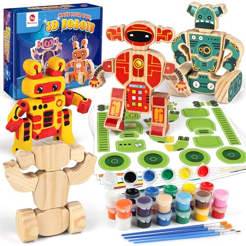 Mocoosy 4 DIY hölzerne Roboter-Spielzeug für Kinder, Bauen&Malen Sie Ihre eigenen Roboter-Bastelset mit Farben und Aufkleber,Kunstprojekt für Alter 3+ von Mocoosy