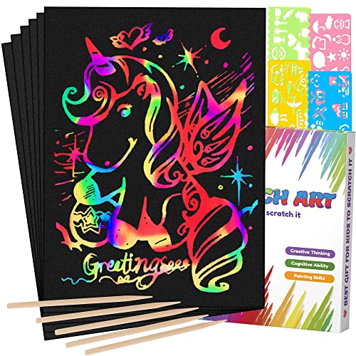 Mocoosy 60Pcs Scratch Art Paper für Kinder - Rainbow Magic Scratch Off Papierkunst und Bastelset Scratch Note Schwarze Doodle Pads mit 4 Schablonen 5 Holzstift für Party Favor Aktivitäten Geschenk von Mocoosy