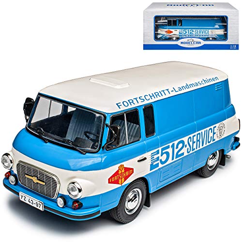 Model Car Group Barkas B1000 Transporter Kasten E512 Fortschritt Landmaschinen Service DDR Blau 1961-1990 1/18 Modell Auto mit individiuellem Wunschkennzeiche von Model Car Group