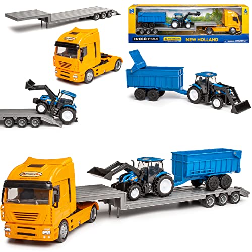 Iveco Stralis Tieflader mit Traktor T6.175 mit Kipper New Holland LKW Truck 1/43 New Ray Modell Auto von Model Car