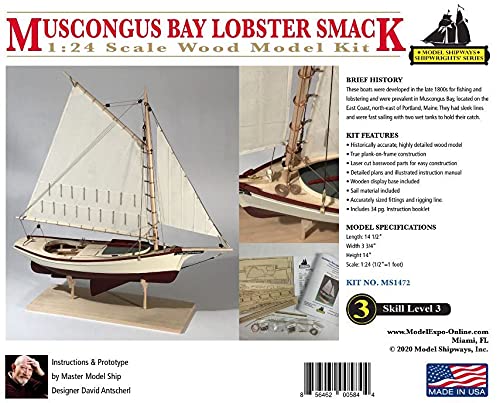 Model Shipways Muscongus Bay Lobster Smack 1:24 - Level III of The Shipwright Learning Series - Modellbausatz für Erwachsene zum Bauen von Model Expo