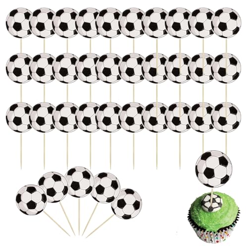 Moguri 36 Stück Fußball Cupcake Topper mit Sportthema, Fußball Cupcake Lebensmittel Zahnstocher, Babyparty Kuchendekorationen für Sportbälle, Fußballthema Dekorationen von Moguri