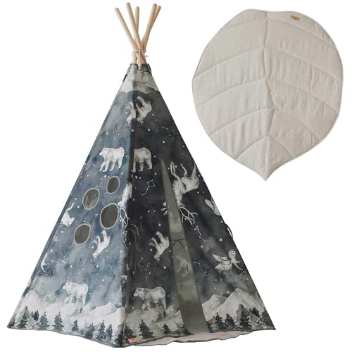 Moi Mili Kinder Tipi Nachthimmel mit Blattform Matte Spielzelt für Kinderzimmer und Garten Handgefertigt aus natürlichen Materialien Tragetasche Kinderzelt für Drinnen Kinderzimmer von Moi Mili