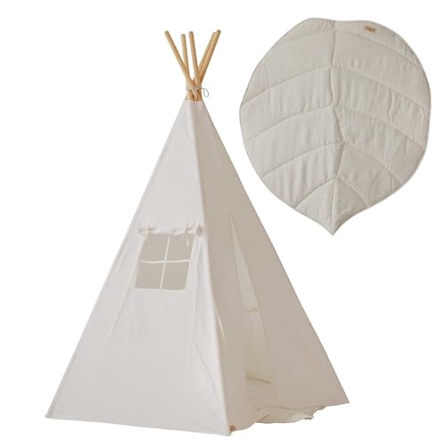 Moi Mili Kinder Tipi mit Blattförmiger Spielmatte Schneeweißes Spielzelt mit Fenster für das Kinderzimmer Natürliche Materialien Komfortabler Teppich Spielzelt Kinderzimmer von Moi Mili