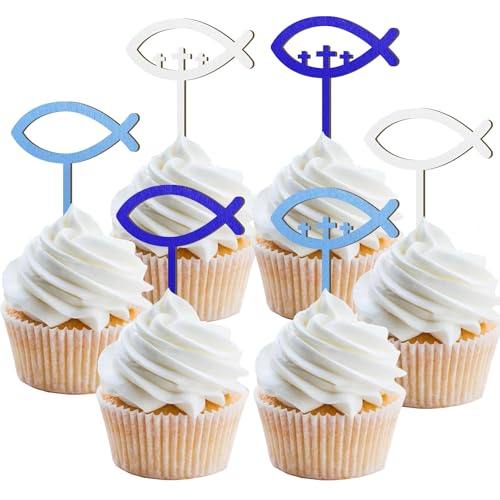 12 Stück Dekorationen Kommunion Holz Cupcakes Topper, Dekoration Taufe Jungen Fisch Cake Topper, Kommunion Dekoration Kuchen für Erstkommunion Mädchen Jungen (Blauer Fisch) von Moitkptt