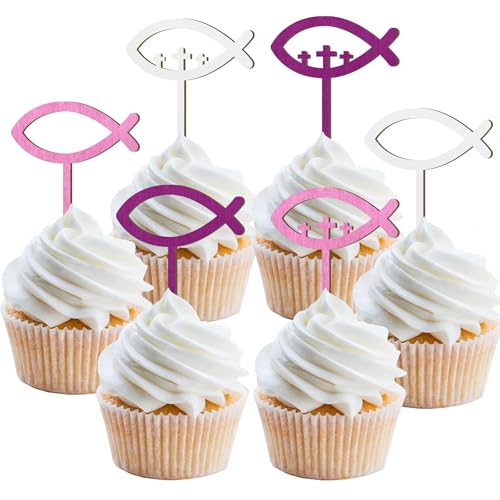 12 Stück Dekorationen Kommunion Holz Cupcakes Topper, Dekoration Taufe Mädchen Fisch Cake Topper, Kommunion Dekoration Kuchen für Erstkommunion Mädchen Jungen (Fisch, Roségold) von Moitkptt