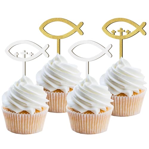 12 Stück Glitzer Holz Cupcake Toppers Kommunion, Tortendeko Konfirmation Mädchen, Holz Fische Cake Topper Kommunion Taufe Deko für Erstekommunion Deko Junge, Taufe Party Dekoration (Fisch Gold) von Moitkptt