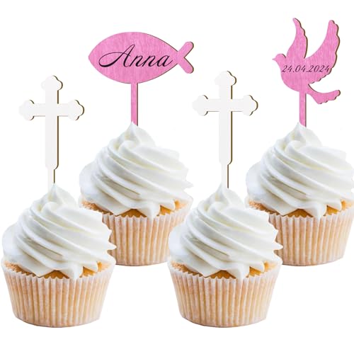 12 Stück Holz Cupcake Toppers Kommunion Mädchen, Tortendeko Konfirmation Mädchen, Holz Fische Taube Kreuz Cake Topper Kommunion Taufe Deko für Erstekommunion Deko, Taufe Party Dekoration (Mix Rose) von Moitkptt