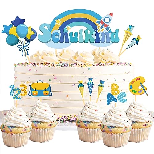 20 Stück Schulanfang Tortendeko, Tortendeko Einschulung Junge, Schultüte Einschulung Deko Cupcake Topper für Schulkind, Junge und Mädchen Schulanfang Party Dekoration (Blau Regenbogen) von Moitkptt