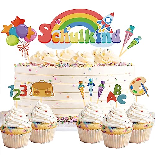 20 Stück Schulanfang Tortendeko, Tortendeko Einschulung Deko, Schultüte Schuleinführung Deko Cupcake Topper für Schulkind, Junge und Mädchen Einschulung Deko von Moitkptt