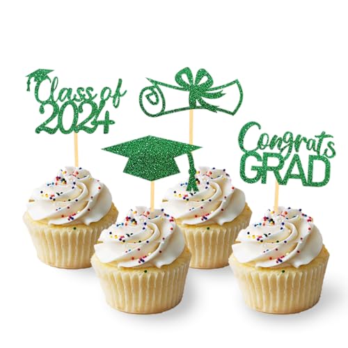 2024 Cupcake-Topper zum Schulabschluss, Klasse 2024, Cupcake-Topper für Abschlussdekorationen, Congrats Grade Graduation Kuchendekorationen – Set mit 24 Stück (grün) von Moitkptt