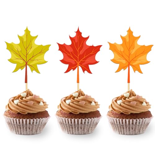 24 Stück Ahornblätter Cupcake Toppers, Herbst Kuchendeko, Erntedankfest Tortendeko für Erntedankfest, Thanksgiving Party Dekoration, Herbst Deko (3 Ahornblatt) von Moitkptt