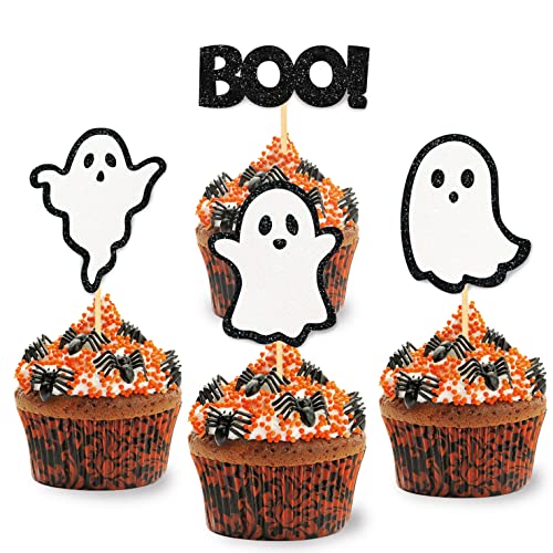 24 Stück Glitter Halloween Ghost Cupcake Toppers, Halloween Baby Shower Cupcake Toppers Dekoration Halloween Gender Reveal Dekorationen (schwarz) von Moitkptt