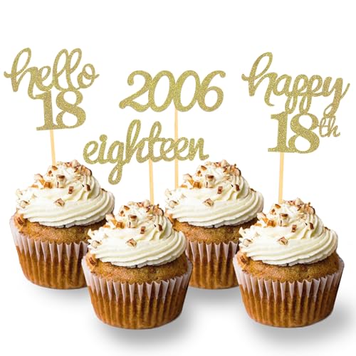 24 Stück Glitzer 18. Geburtstag Cupcake Topper, Geburtstagsdeko 18 von 2007 für 18. Geburtstag Junge, 18 Geburtstagsfeier Zubehör Party Dekoration Kuchendekoration (Gold) von Moitkptt