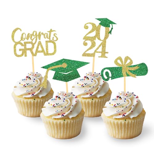 24 Stück Glitzer 2025 Graduation Cupcake Toppers, Abschlussfeier Cupcake toppers, Bachelor Hut Deko, Abschluss Deko für Graduation Abschlussparty Dekoration (grün & gold) von Moitkptt