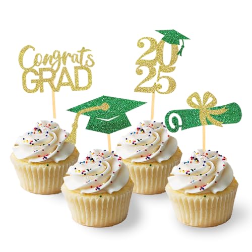 24 Stück Glitzer 2025 Graduation Cupcake Toppers, Abschlussfeier Cupcake toppers, Bachelor Hut Deko, Abschluss Deko für Graduation Abschlussparty Dekoration (grün & gold) von Moitkptt