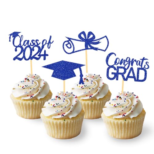 24 Stück Glitzer 2025 Graduation Cupcake Toppers, Abschluss Deko, Bachelor Hut Deko für Abschlussfeier Party, Graduation Dekoration (Blau) von Moitkptt