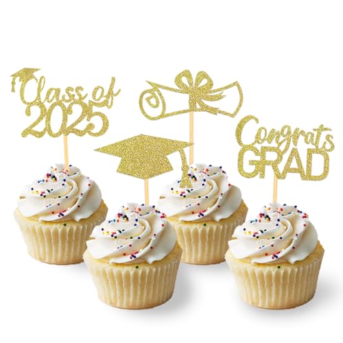 24 Stück Glitzer 2025 Graduation Cupcake Toppers, Abschluss Deko, Bachelor Hut Deko für Abschlussfeier Party, Graduation Dekoration (Gold) von Moitkptt