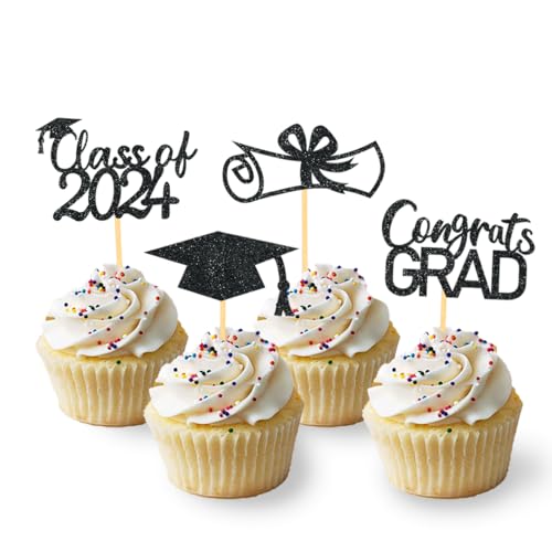 24 Stück Glitzer 2024 Graduation Cupcake Toppers, Abschluss Deko, Bachelor Hut Deko für Abschlussfeier Party, Graduation Dekoration (Schwarz) von Moitkptt