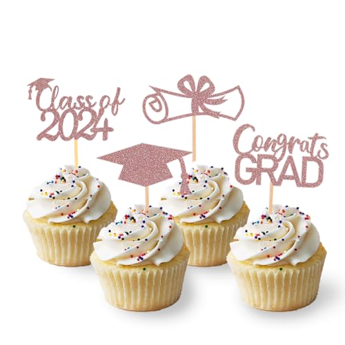 24 Stück Glitzer 2025 Graduation Cupcake Toppers, Abschluss Deko, Bachelor Hut Deko für Abschlussfeier Party, Graduation Dekoration (Rosegold) von Moitkptt