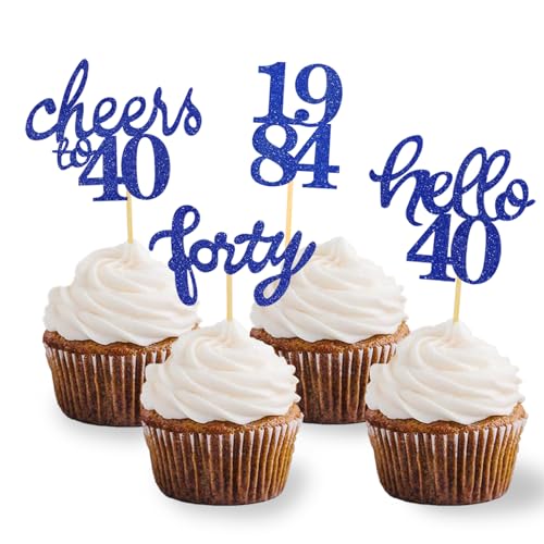 24 Stück Glitzer 40. Geburtstag Cupcake Topper, Geburtstagsdeko 40 von 1985 für Deko 40 Geburtstag, 40 Geburtstagsfeier Zubehör Party Dekoration Kuchendekoration (Blau) von Moitkptt