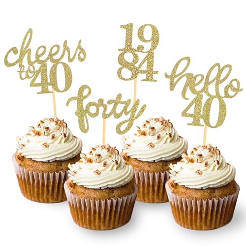 24 Stück Glitzer 40. Geburtstag Cupcake Topper, Geburtstagsdeko 40 von 1985 für Deko 40 Geburtstag, 40 Geburtstagsfeier Zubehör Party Dekoration Kuchendekoration (Gold) von Moitkptt