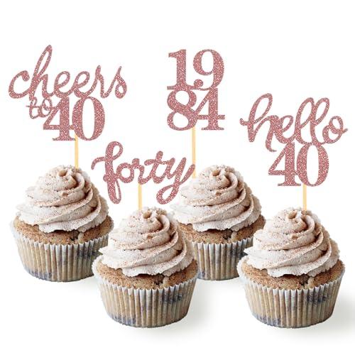 24 Stück Glitzer 40. Geburtstag Cupcake Topper, Geburtstagsdeko 40 von 1985 für Deko 40 Geburtstag, 40 Geburtstagsfeier Zubehör Party Dekoration Kuchendekoration (Rose Gold) von Moitkptt