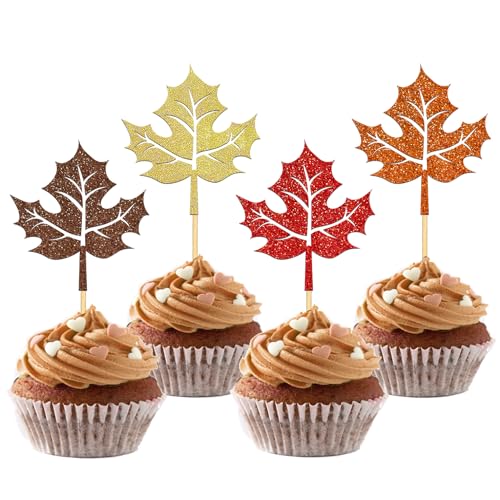 24 Stück Glitzer Ahornblätter Cupcake Toppers, Herbst Kuchendeko, Erntedankfest Tortendeko für Erntedankfest, Thanksgiving Party Dekoration, Herbst Deko (4 Ahornblatt) von Moitkptt