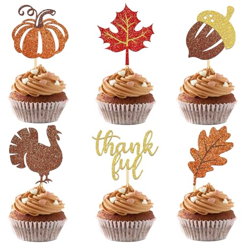 24 Stück Glitzer Erntedankfest Cupcake Toppers, Herbst Kuchendeko, Kürbis Tortendeko für Erntedankfest, Thanksgiving Party Dekoration, Herbst Deko (Mix) von Moitkptt